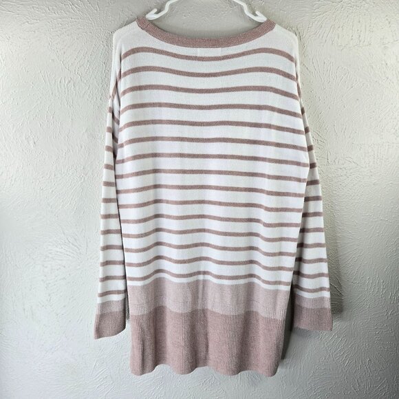 Barefoot Dreams Tunic Sweater Knit Brown White Striped Pullover Cozy Casual Top - Picture 7 of 13